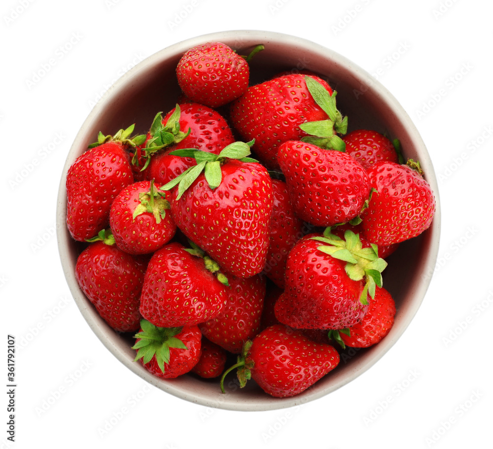 Ripe strawberries in bowl isolated on white, top view