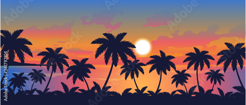Fototapeta Naklejka Na Ścianę i Meble -  palm trees on the ocean beach at sunset vector  landscape illustration
