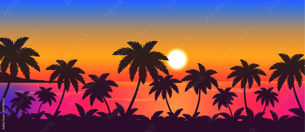 Fototapeta tropical sunset over the ocean and palm trees, vector beach landscape illustration