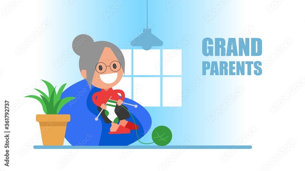 Grandmother sits at home and knits socks. Grandparents vector illustration concept.
