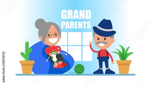 Grandparents vector illustration concept. Grandmother sits at home and knits socks.
