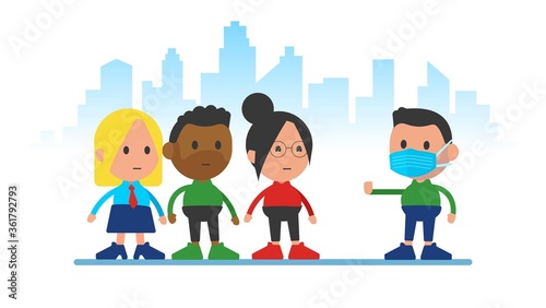 Ill man with mask warns people around him to keep distance.
