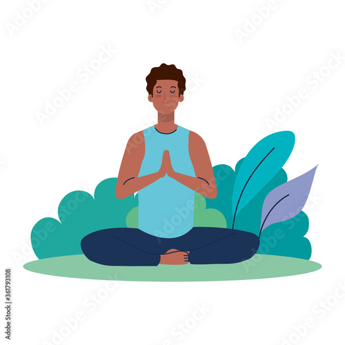 man afro meditating  concept for yoga  meditation  relax  healthy lifestyle in landscape vector illustration design