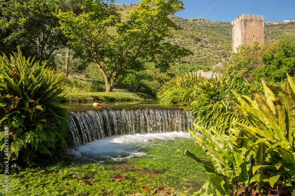 Detail of the waterfalls of Ninfa, an ancient medieval town located in the province of Latina, Italy. Now it is part of the complex of Ninfa gardens.
