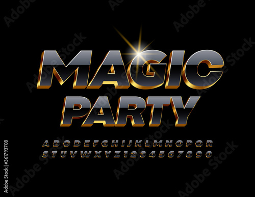 Vector chic invitation Magic Party. 3D Black and Gold Font. Mystery
shiny Alphabet Letter and Numbers