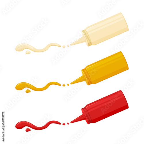 Sauce icon, mayonnaise, mustard and ketchup. Hot spice sauce packed in plastic bottle. Vector illustration