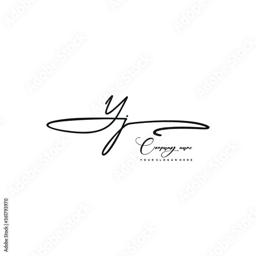 YJ initials signature logo. Handwriting logo vector templates. Hand drawn Calligraphy lettering Vector illustration.
 photo