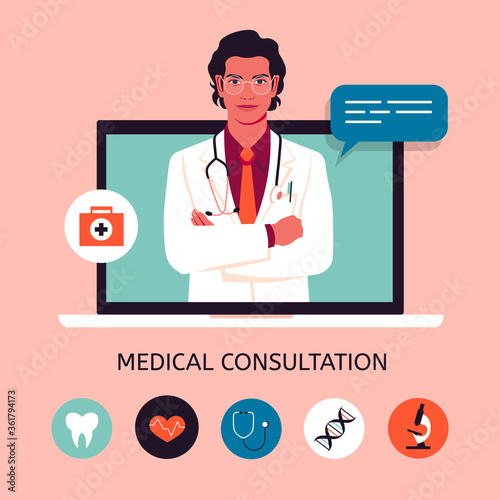 A young doctor in the laptop screen. Online medical consultation and support. Concept vector illustration in flat style with icons.