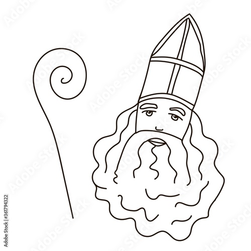 Simple vector freehand drawing with a black line on a white background. St. Nicholas Day, Sinterklaas in a miter with a beard and a staff. Santa Claus, a festival in the Netherlands and Belgium.