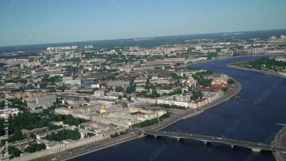Saint-Petersburg city aerial, flying over russian city center and river Neva Saint-Petersburg city aerial, flying over russian city center and river Neva