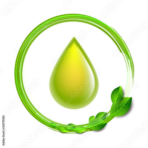 Green glossy drop with green leaves isolated on white background, environment conceptual design.