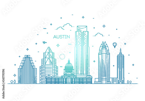 Austin architecture line skyline illustration. Linear vector cityscape with famous landmarks