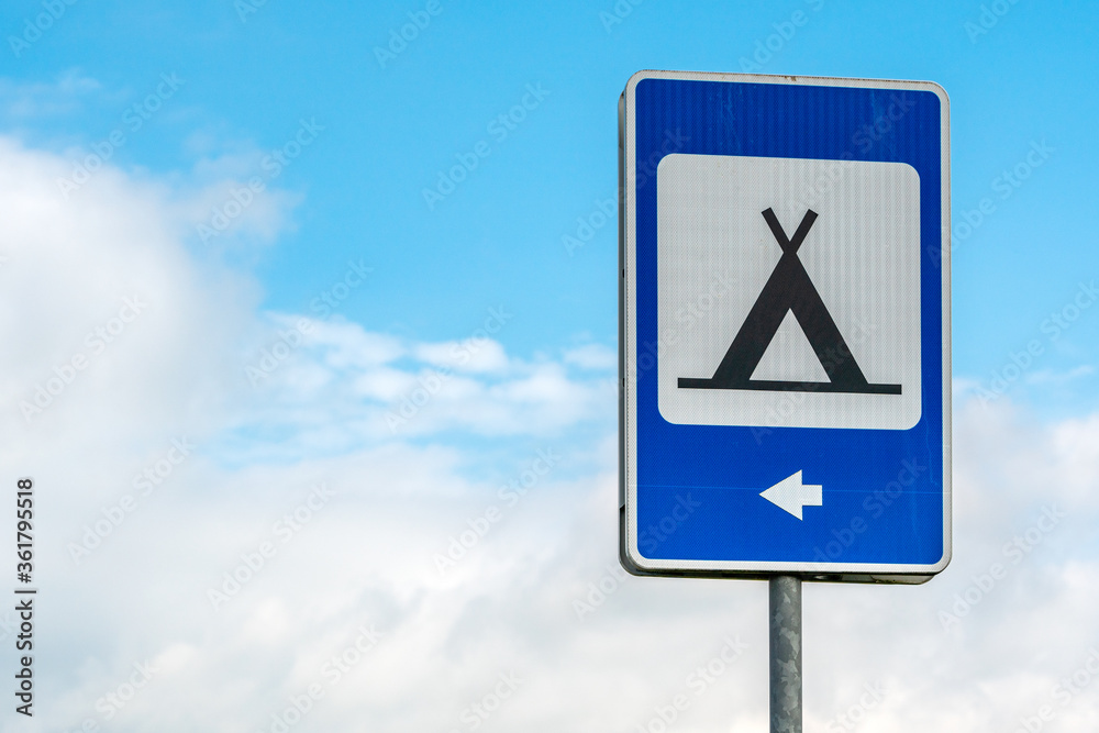 Blue road sign of camping with sky background Blue road sign of camping with sky background
