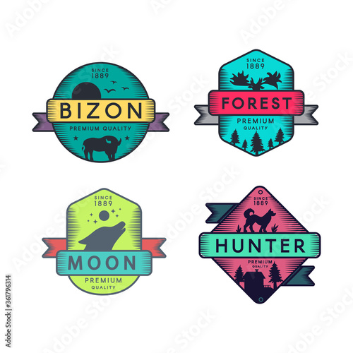 Bizon and Forest, Moon and Hunter Badges Set Logo