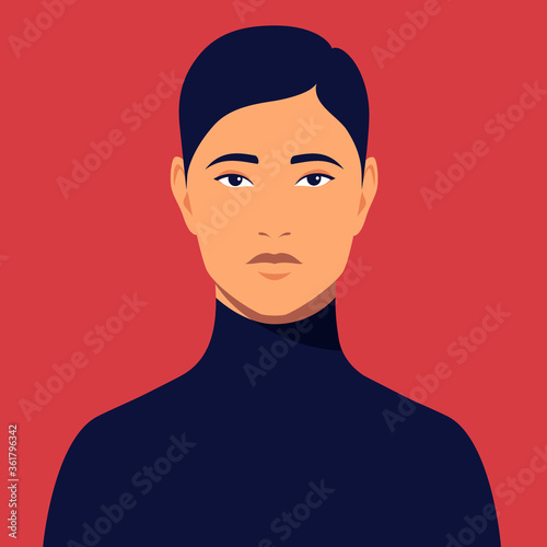 Portrait of young asian man. Portrait of serious student. Avatar of eastern guy for social networks. Abstract male portrait, full face. Stock vector isolated illustration in flat style.