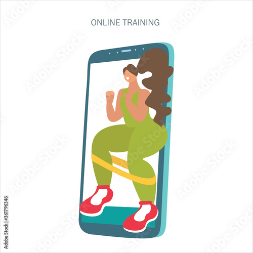 Self-quarantine concept. Sports at home during an outbreak of the COVID-19 virus. Coronavirus quarantine preventive measures. girl goes in for sports at home. Fitness training online in the phone. Vec