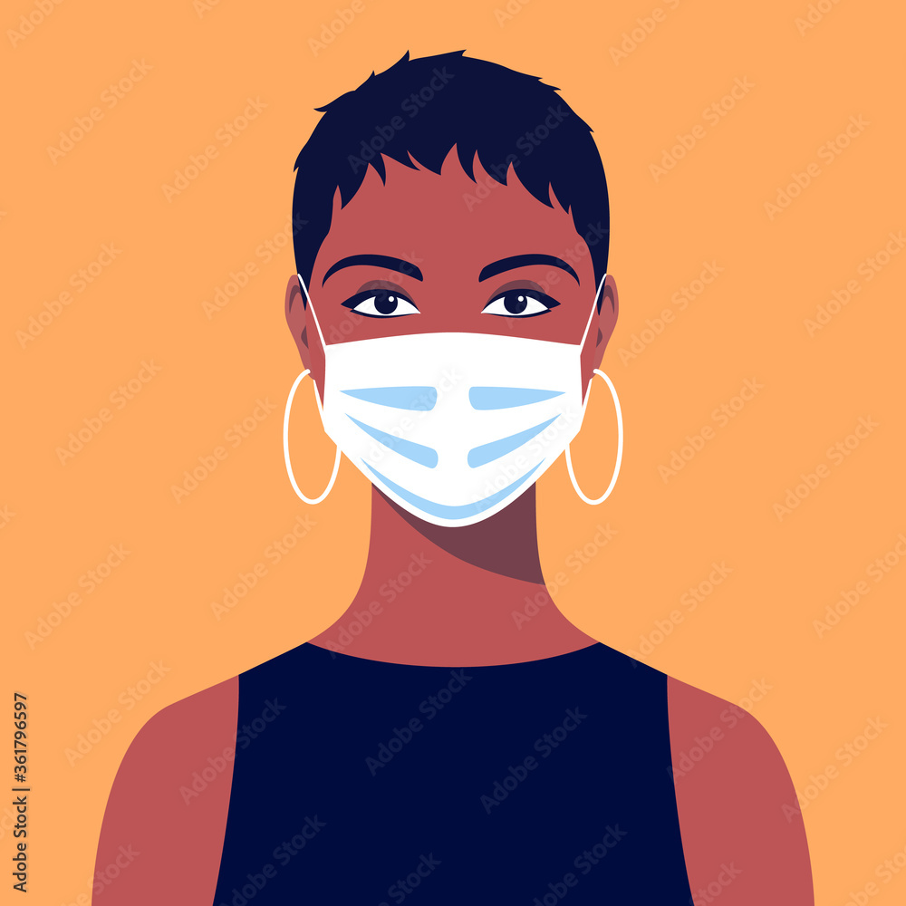 Young african american woman wears medical mask. Virus and disease prevention. Concept of coronavirus 2019-nCoV quarantine. Avatar female portrait, full face. Stock vector illustration in flat style.