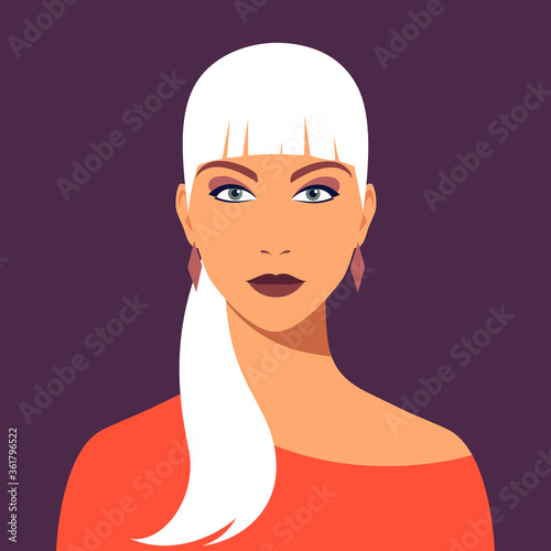 Young woman with long blond hair. Portrait of beautiful fashion blonde. Avatar of girl for social networks. Abstract female portrait, full face. Stock vector illustration in flat style.