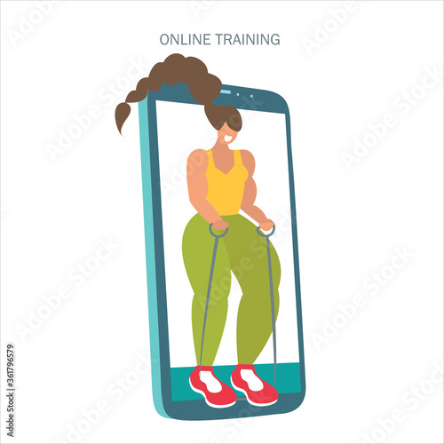 Self-quarantine concept. Sports at home during an outbreak of the COVID-19 virus. Coronavirus quarantine preventive measures. girl goes in for sports at home. Fitness training online in the phone. Vec