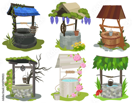 Set of water wells. Collection of various cute stylized wells with flower, stones and wooden. Color illustration for children.
