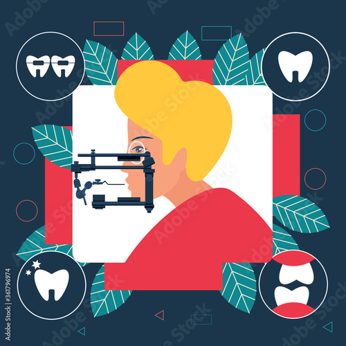 Gnathology or orthodontics concept Flat Vector illustration, masticatory system, including its functional disturbances and jaw joint and temporo - mandibular joint treatment. Can be used as template f