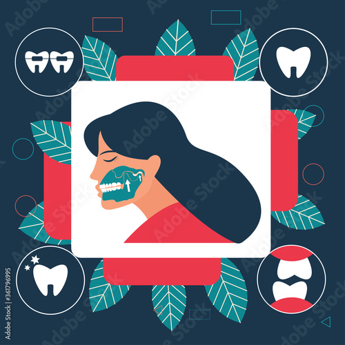 Gnathology or orthodontics concept Flat Vector illustration, masticatory system, including its functional disturbances and jaw joint and temporo - mandibular joint treatment. Can be used as template f