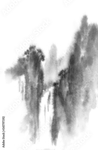 Waterfall . Background with mountains. Ink mountain landscape. Mountains in the fog.Traditional oriental ink painting. Style of mountain, water. Black and white. Chinese, japanese traditional style.