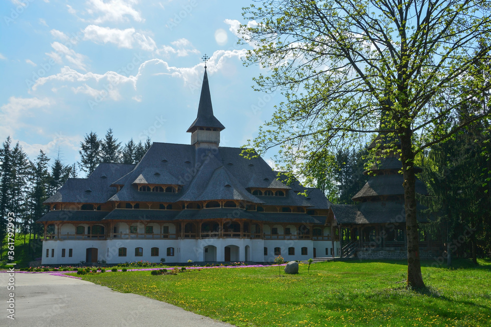 Sapanta Peri Monastery, Maramures, Romania, Europe, spring 2018. Building next to the wooden church of the Sapanta monastery that has the highest bell tower in the world. Maximum height of 78 meters
