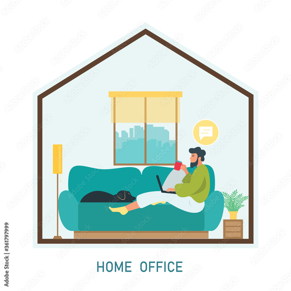 Obraz premium Home office during coronavirus quarantine concept, male employee working from home sitting on a sofa with his dog. Vector illustration in flat style