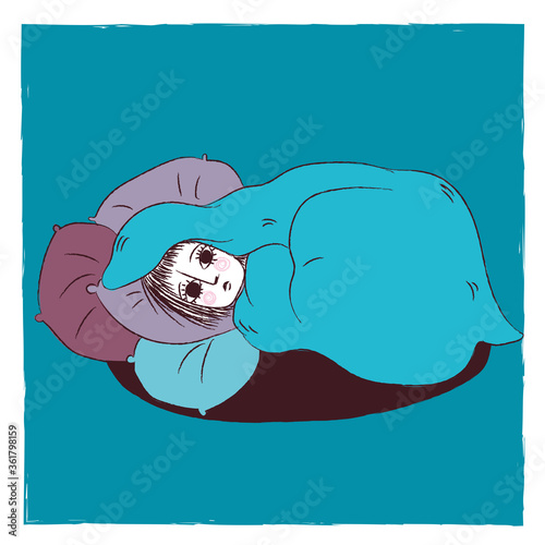 woman hiding in bed - Depression stress hypersensitivity character theme 