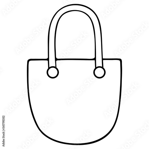 The bag is rag. Sketch. Vector illustration. Outline on an isolated white background. Feminine accessory for shopping. Doodle style. A large package for personal items. A necessary thing for trips.