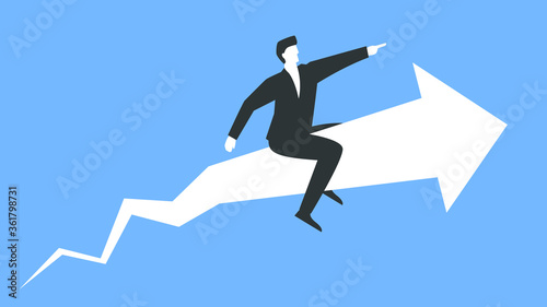 Vector illustration of a successful businessman sitting on top of big arrow and moving forward representing growth and success. Concept image of a confident man in a suit pointing forward. © vernStudio
