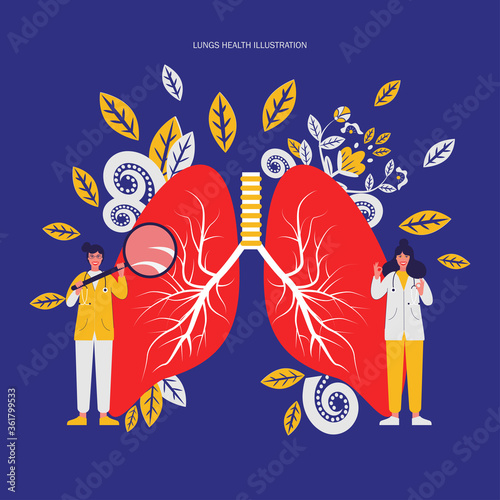 Pulmonology concept. Lungs healthcare persons. Internal organ inspection check for illness, disease or problems. Flat vector illustration