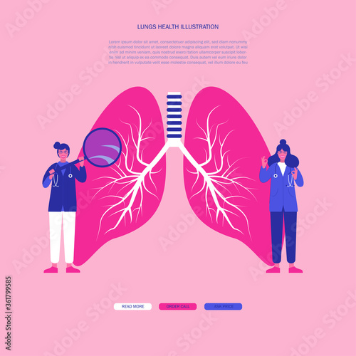 Pulmonology concept. Lungs healthcare persons. Internal organ inspection check for illness, disease or problems. Flat vector illustration