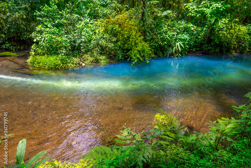 Rio Celeste with turquoise, blue water. Connection of two rivers and chemical reaction, water become blue - turquoise. Tenorio national park Costa Rica. Central America..