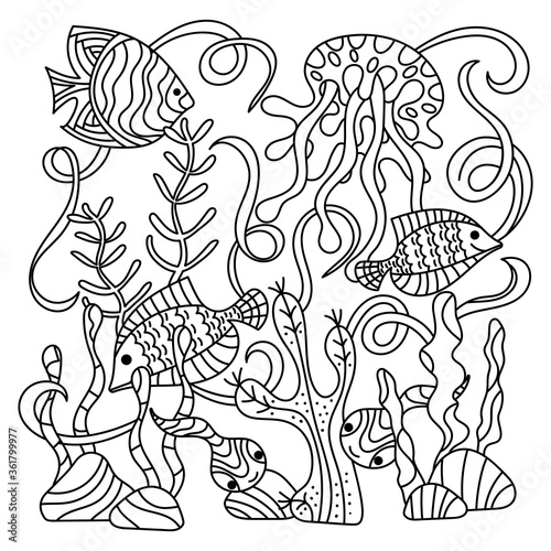 Underwater life, sea in Doodle style .Tropical fish and jellyfish. Anti-stress coloring books page for adults and children. Vector illustration,