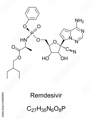 Remdesivir. Chemical structure. A broad-spectrum antiviral medication. Remdesivir is the international nonproprietary name, the development code name is GS-5734. Skeletal formula. Illustration. Vector