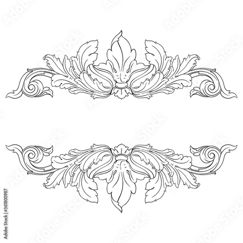 Vintage Ornament Element in baroque style with filigree and floral engrave the best situated for create frame, border, banner. It's hand drawn foliage swirl like victorian or damask design arabesque.