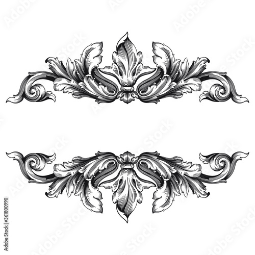 Vintage Ornament Element in baroque style with filigree and floral engrave the best situated for create frame, border, banner. It's hand drawn foliage swirl like victorian or damask design arabesque.