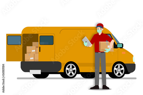 Safe at home delivery during coronavirus covid-19 crisis epidemic. A Man who wear mask and gloves delivering a parcel to a woman customer and leaving the box at a safe distance.