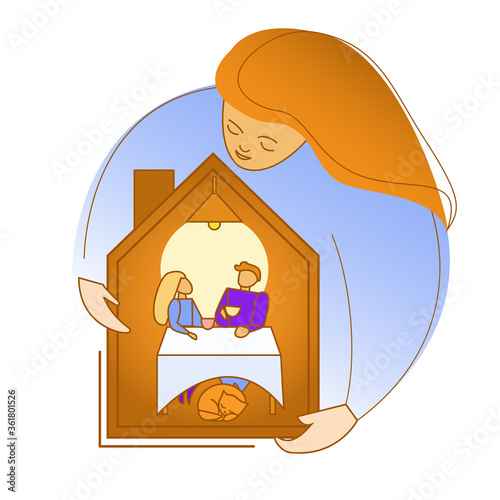 Happy family at home. A woman holds a house in her arms. The concept of family well-being, safety . Vector illustration.