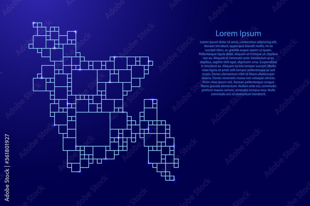 Bangladesh map from blue pattern from a grid of squares of different sizes and glowing space stars. Vector illustration.