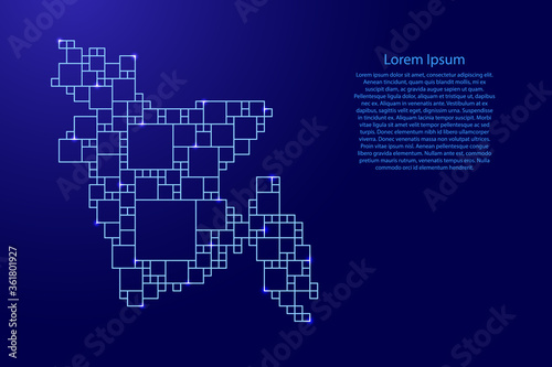 Bangladesh map from blue pattern from a grid of squares of different sizes and glowing space stars. Vector illustration.