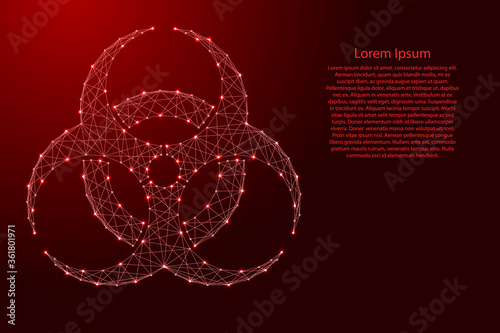 Biohazard sign from futuristic polygonal red lines and glowing stars for banner, poster, greeting card. Vector illustration.