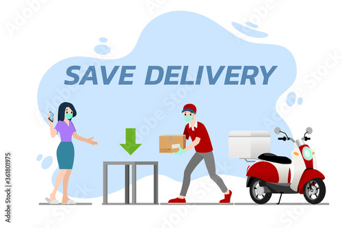 Safe at home delivery during coronavirus covid-19 crisis epidemic. A Man who wear mask and gloves delivering a parcel to a woman customer and leaving the box at a safe distance.