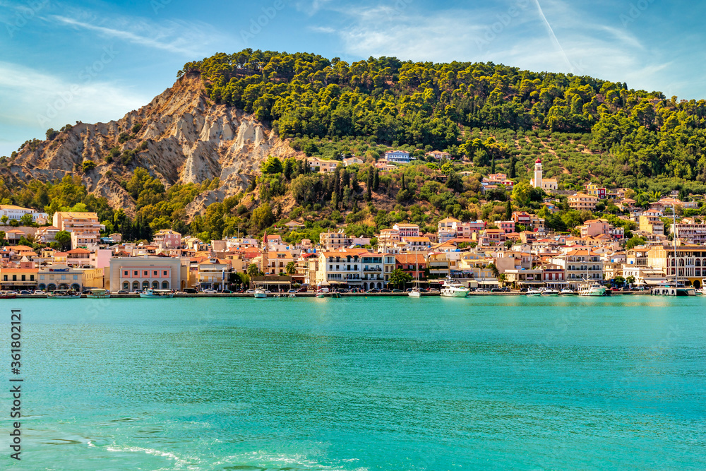 Amazing view of Zakynthos town  on a summer day !!!   A cityscape view  from the sea while cruising around this gorgeus greek  island on ionian sea     !!!