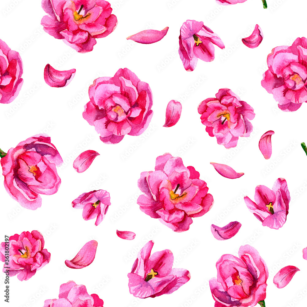Seamless watercolor pattern with pink tulips. Spring, summer flowers isolated on a white background. Excellent for wallpaper, wrapping paper, background, textile.