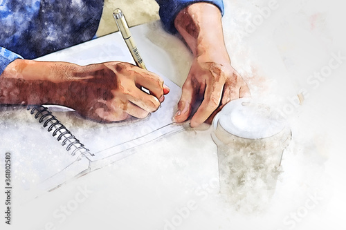 Abstract colorful business man drawing and writing creative work on table in the offices on watercolor illustration painting background. photo