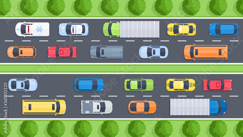 Vector illustration of highway top view with sidewalk, cars, trees and  vehicles. Street urban concept in flat cartoon style for map, web, banner. City infrastructure. Top view of the city.