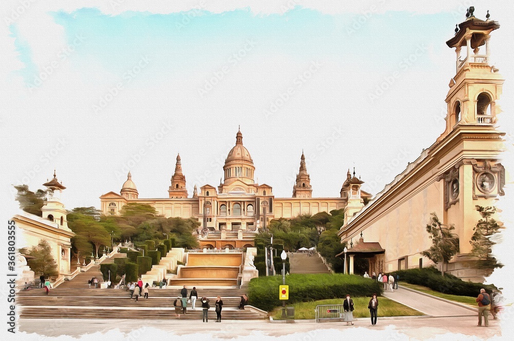 Fototapeta premium Barcelona. National palace. Imitation of oil painting. Illustration